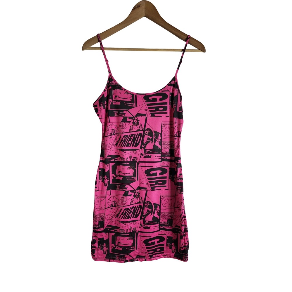 SHEIN Pink Black Graphic Comic Print Mini Bodycon Dress Womens Size 6 Medium